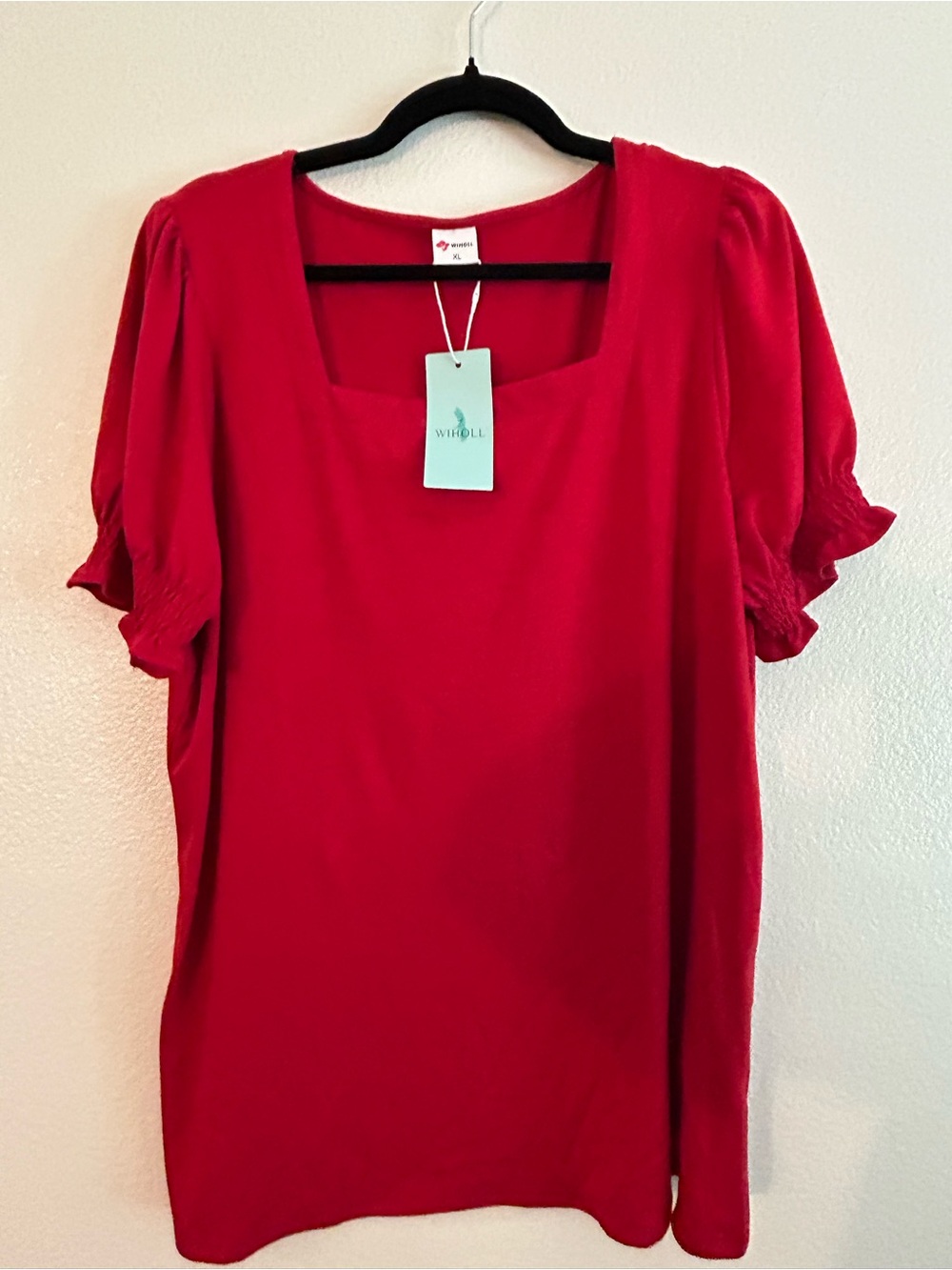 Wiholl Red Square Neck Puff Sleeve Tunic Top